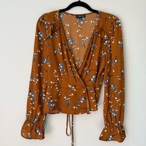 Timing Brown Floral Wrap Blouse with Blue Ditsy Floral Pattern